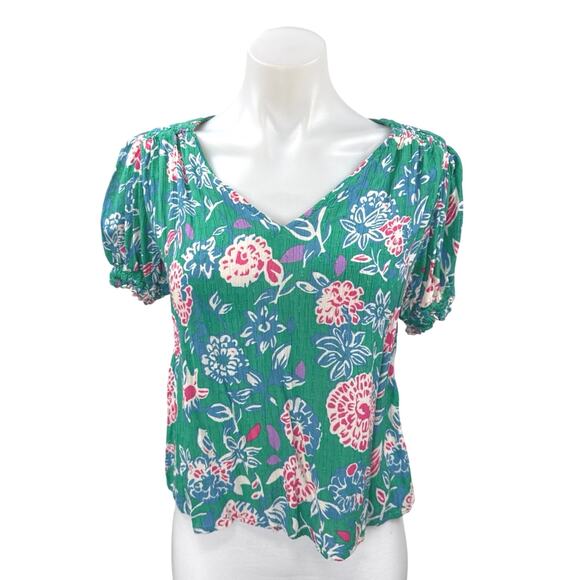 Rachel Zoe Green Multicolor Floral Puff Short Sleeve V Neck Blouse Top Size S - Picture 1 of 4